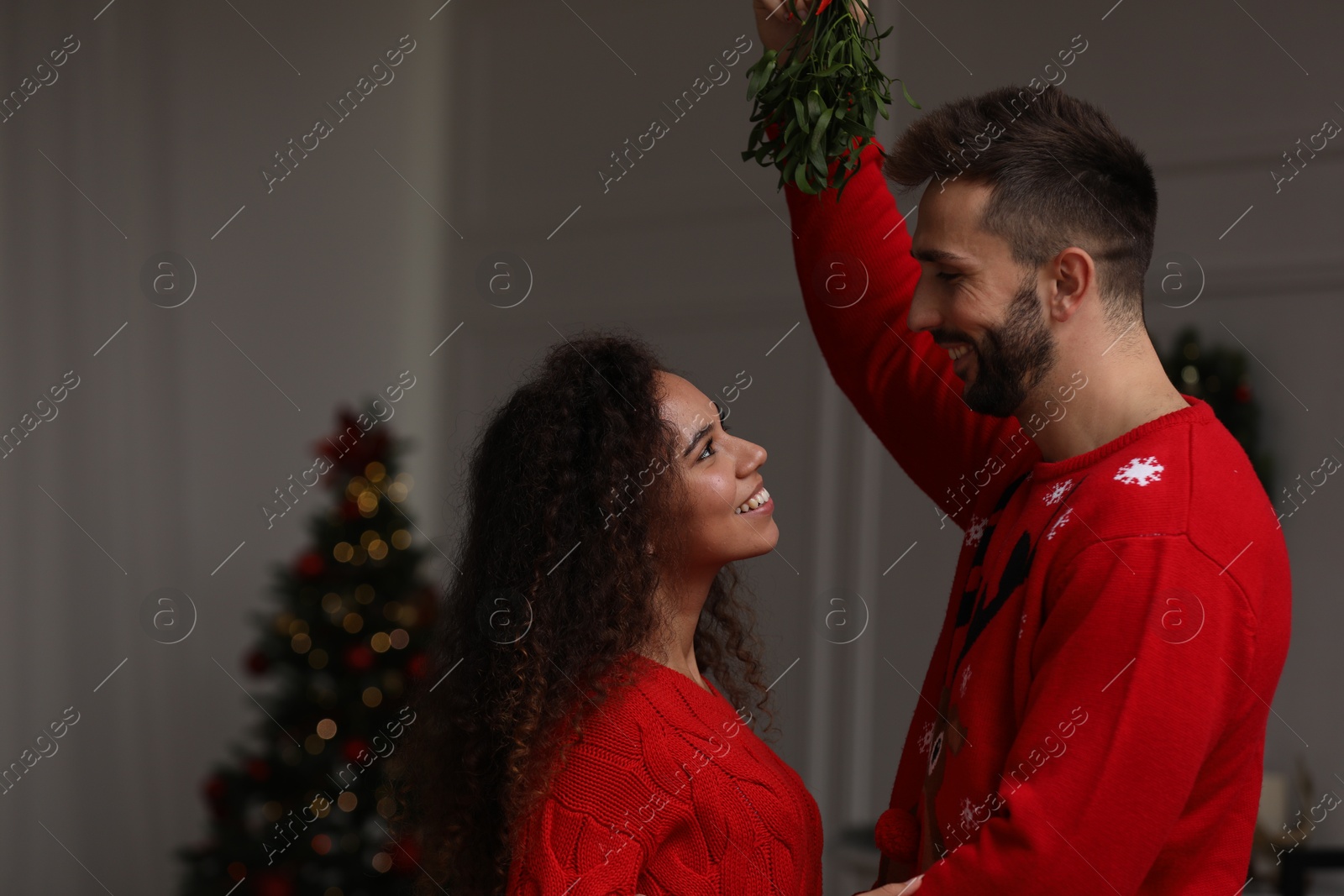 Photo of Lovely couple under mistletoe bunch in room decorated for Christmas