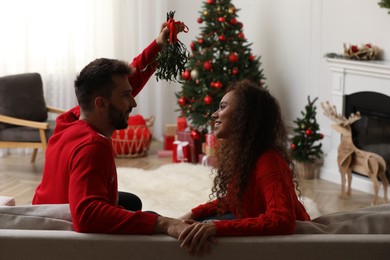 Lovely couple sitting under mistletoe bunch in room decorated for Christmas