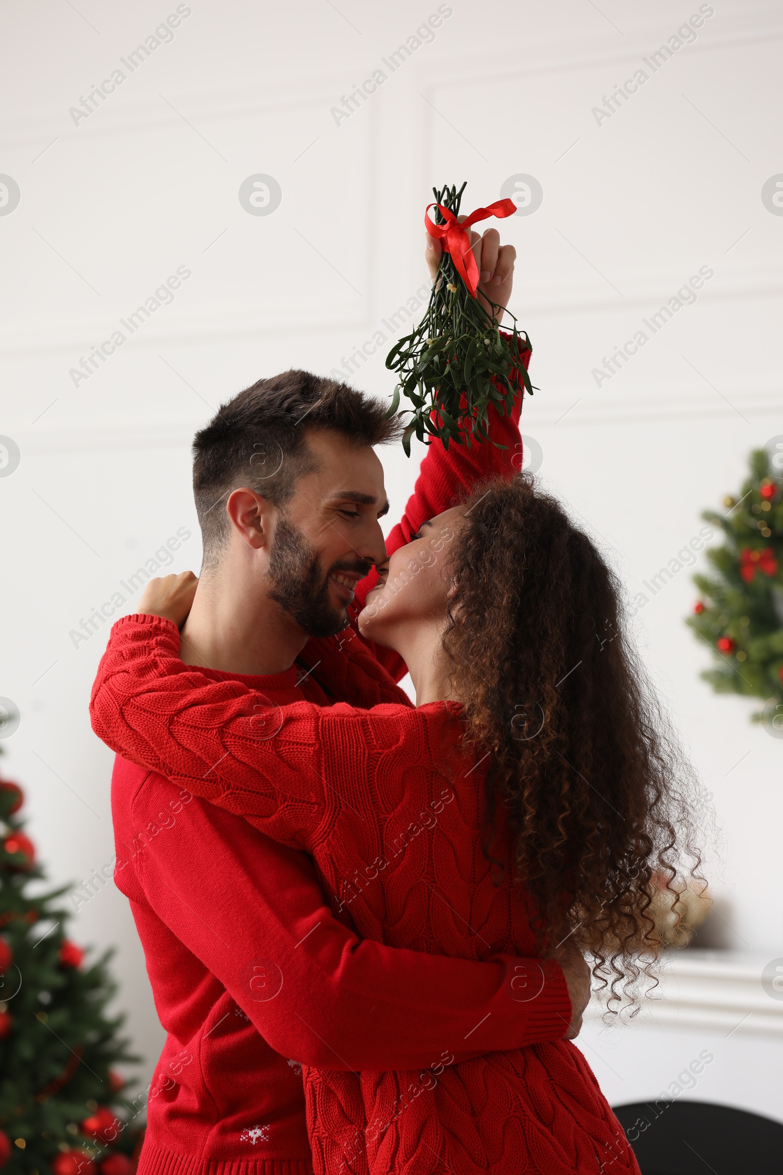 Photo of Lovely couple under mistletoe bunch in room decorated for Christmas