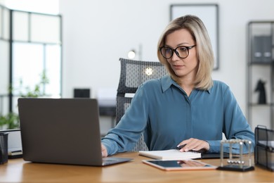 Businesswoman working on laptop at table in office