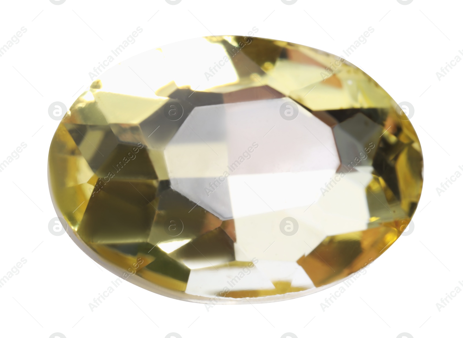 Photo of One yellow shiny gemstone isolated on white