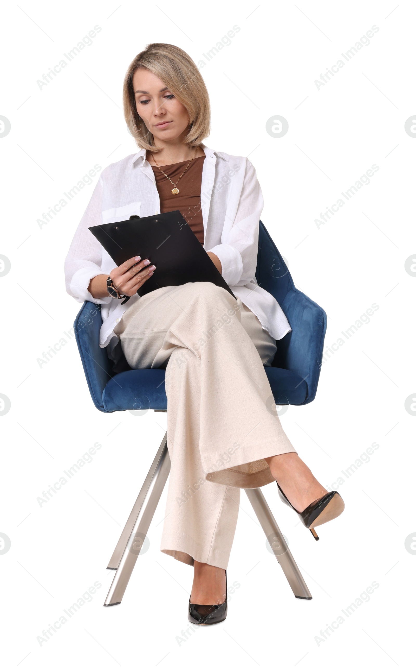 Photo of Professional psychologist with clipboard sitting on chair against white background