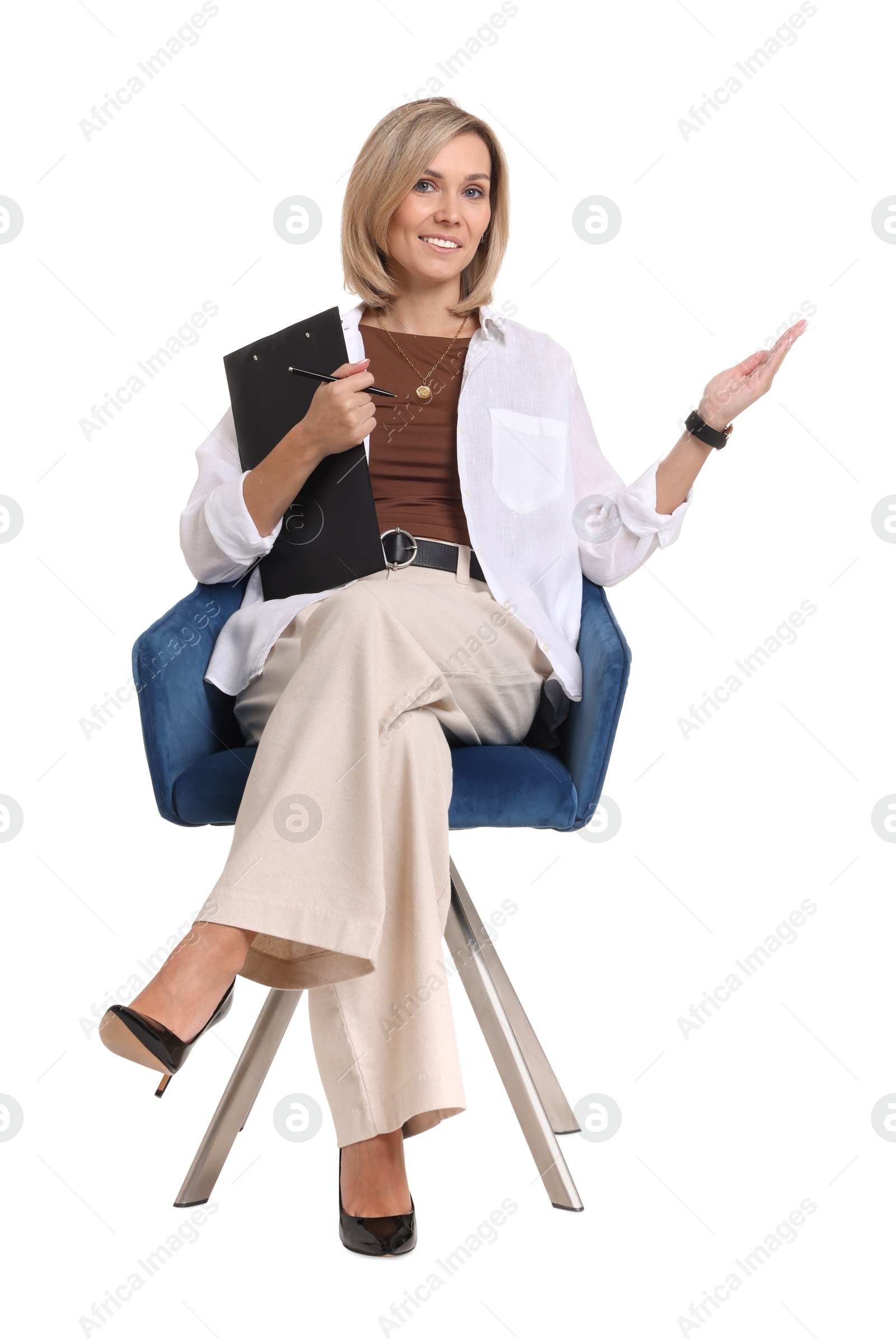 Photo of Professional psychologist with clipboard sitting on chair against white background