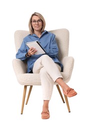 Photo of Professional psychologist with notebook sitting on chair against white background