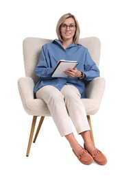 Photo of Professional psychologist with notebook sitting on chair against white background