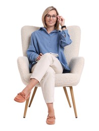 Photo of Professional psychologist with notebook sitting on chair against white background