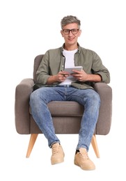 Photo of Professional psychologist with notebook sitting on chair against white background