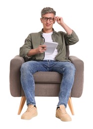 Photo of Professional psychologist with notebook sitting on chair against white background