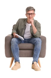 Photo of Professional psychologist with notebook sitting on chair against white background