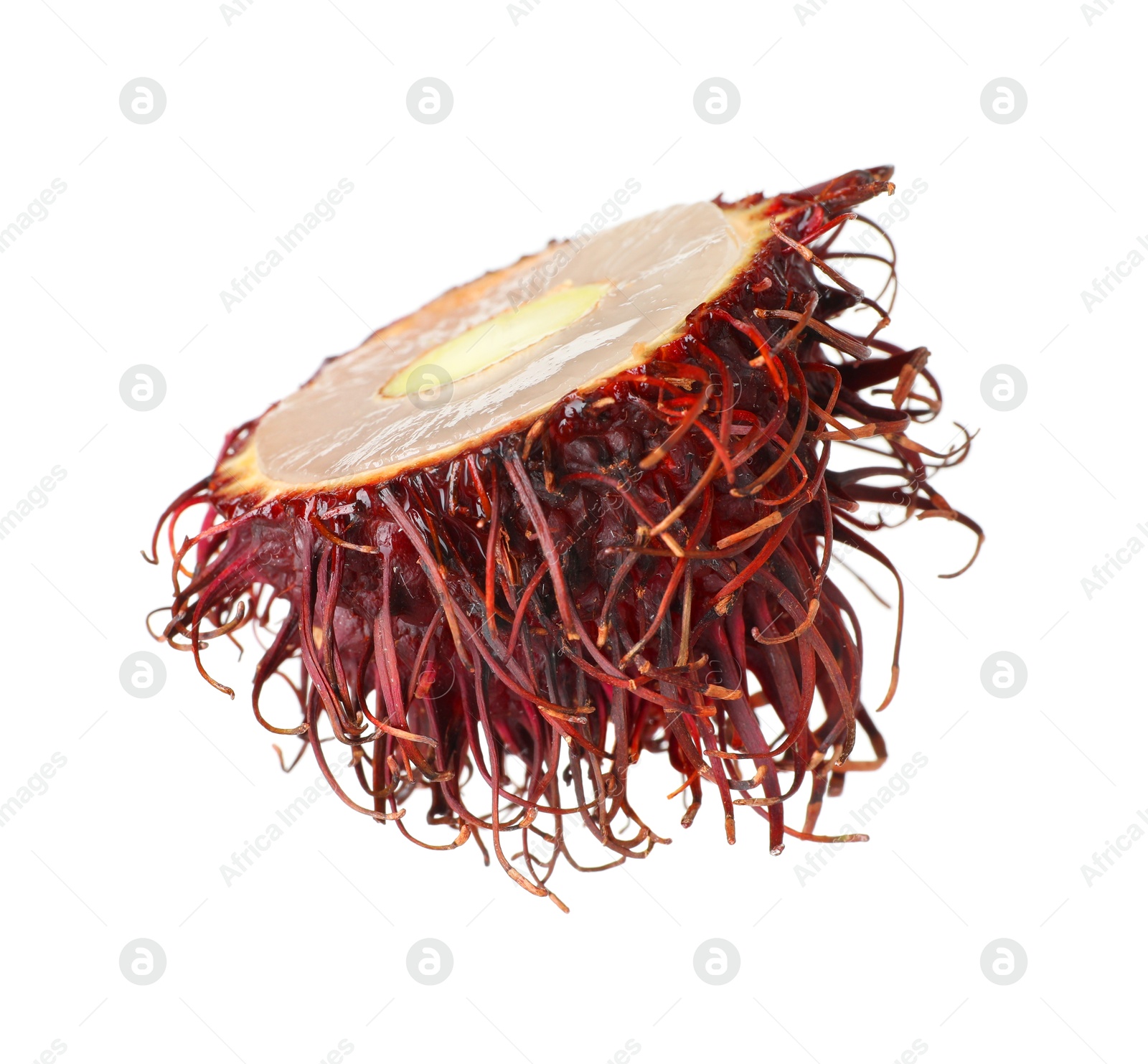 Photo of Half of ripe rambutan isolated on white. Exotic fruit