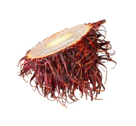 Photo of Half of ripe rambutan isolated on white. Exotic fruit