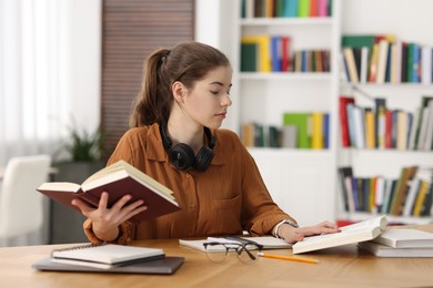 Photo of Student preparing for exam at table indoors