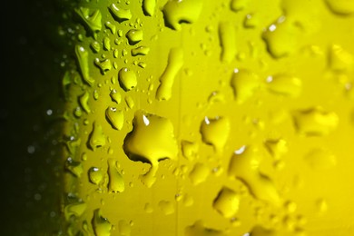 Photo of Water drops on color glass surface, macro view