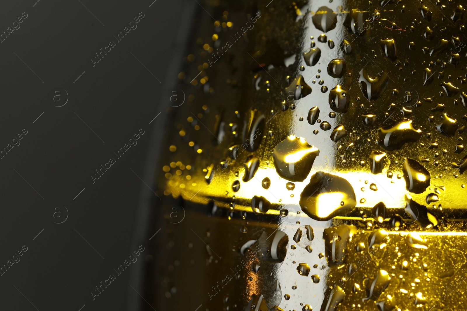 Photo of Glass bottle with condensation drops on grey background, macro view. Space for text