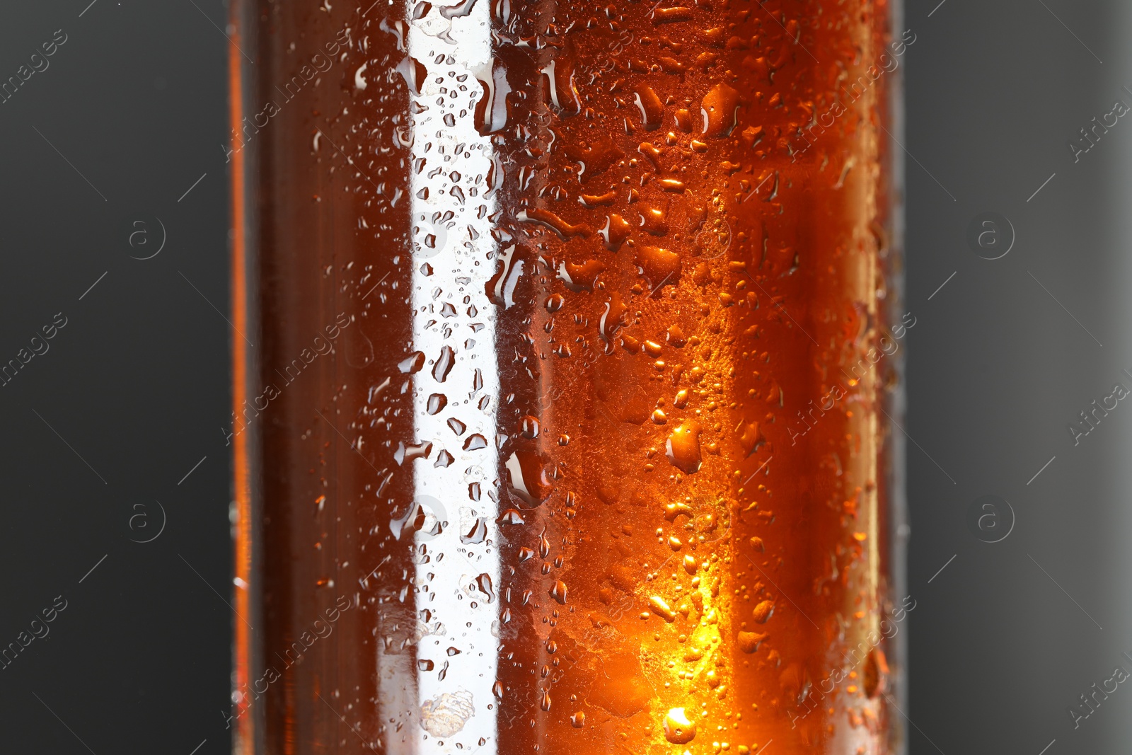 Photo of Glass bottle with condensation drops on grey background, closeup