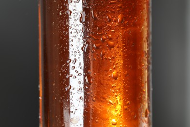 Photo of Glass bottle with condensation drops on grey background, closeup