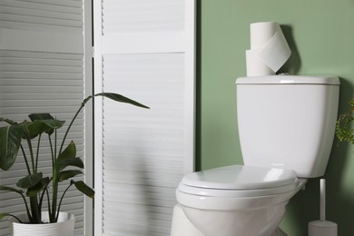 Photo of Folding screen, toilet bowl and houseplant in restroom