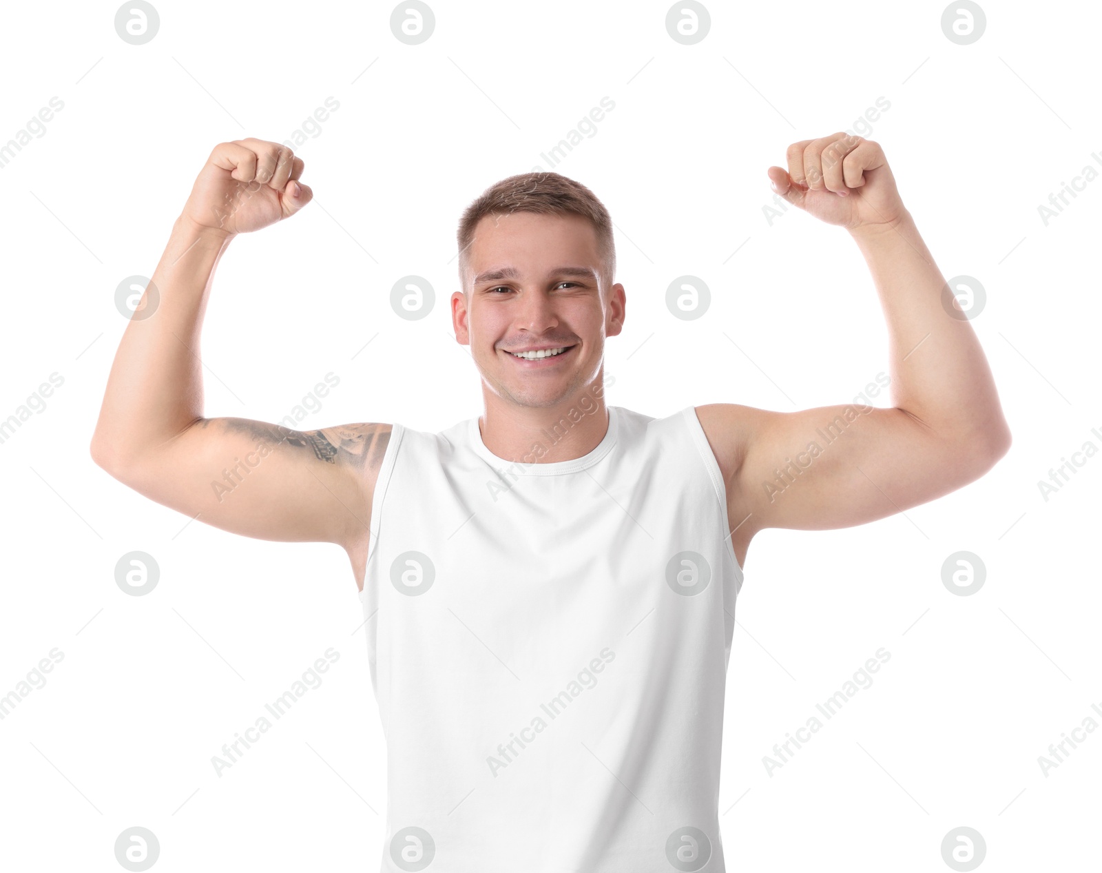 Photo of Happy winner showing his biceps on white background