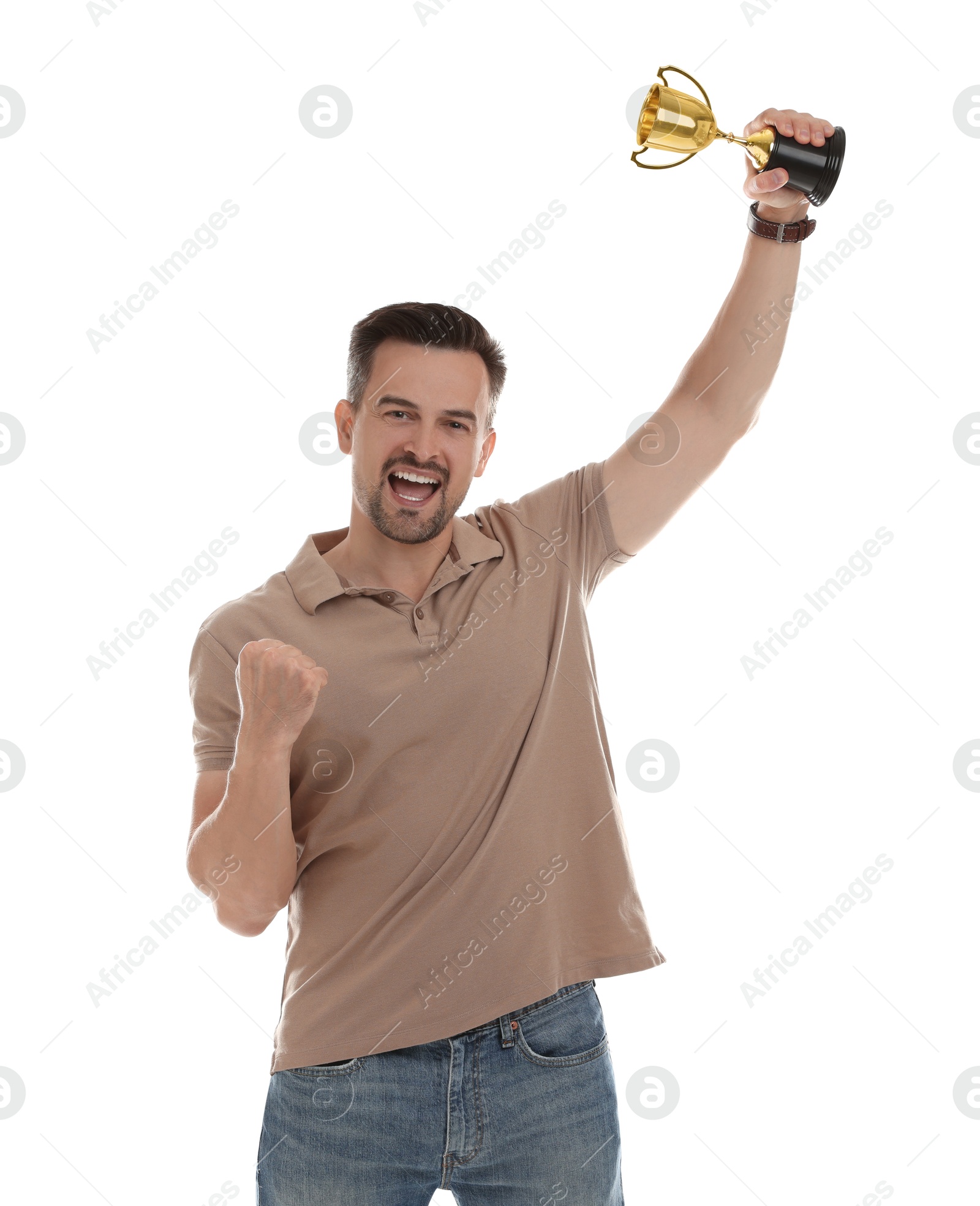 Photo of Happy winner with golden trophy cup on white background