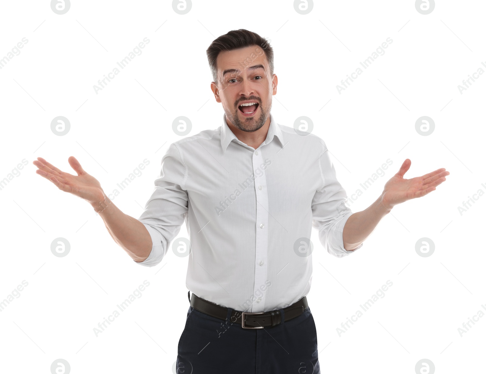 Photo of Portrait of happy winner on white background