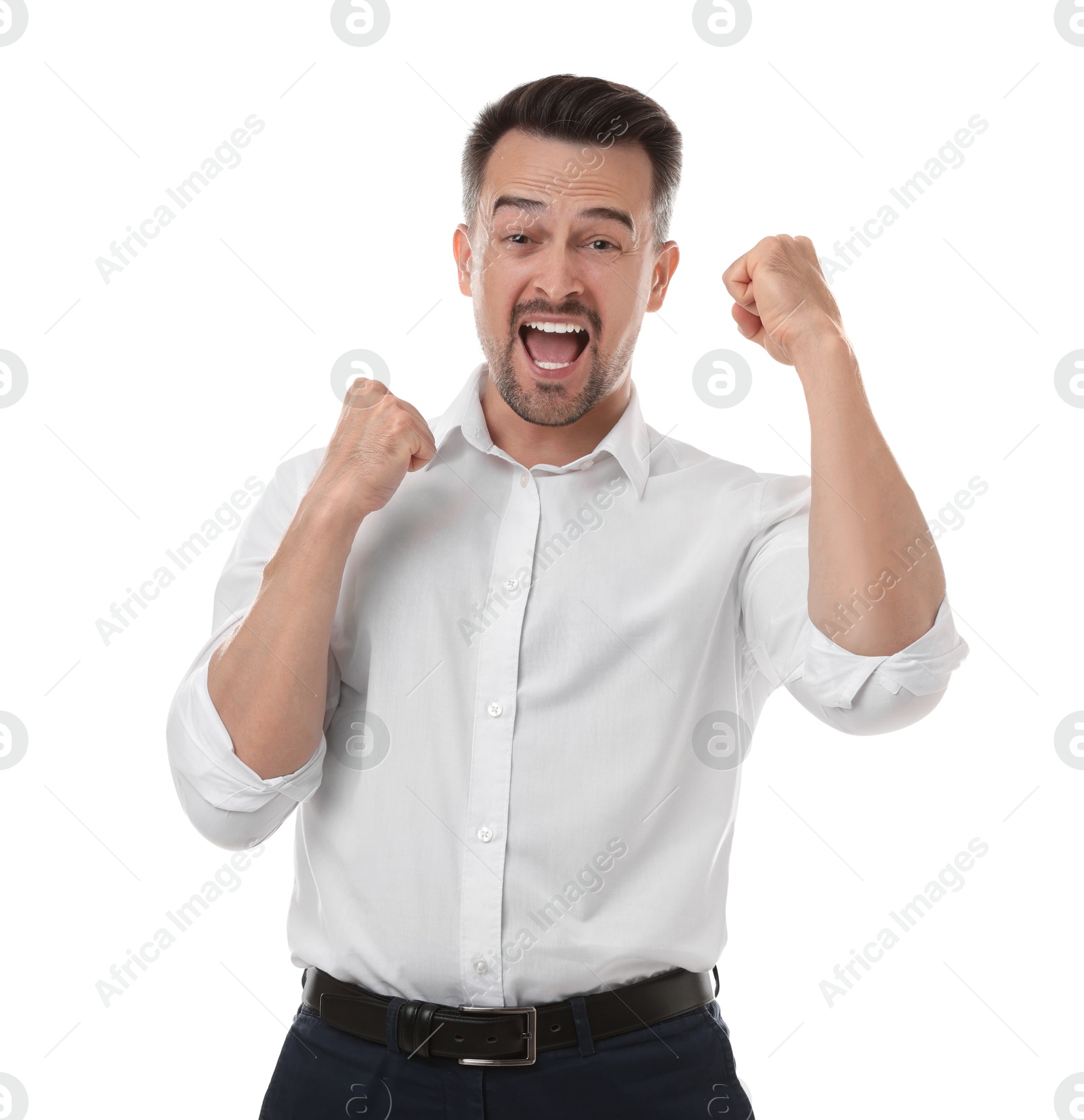 Photo of Portrait of happy winner on white background