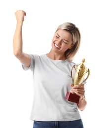 Photo of Happy winner with golden trophy cup on white background