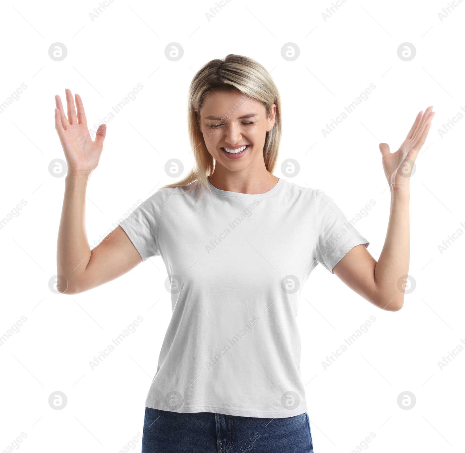 Photo of Portrait of happy winner on white background