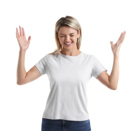 Portrait of happy winner on white background