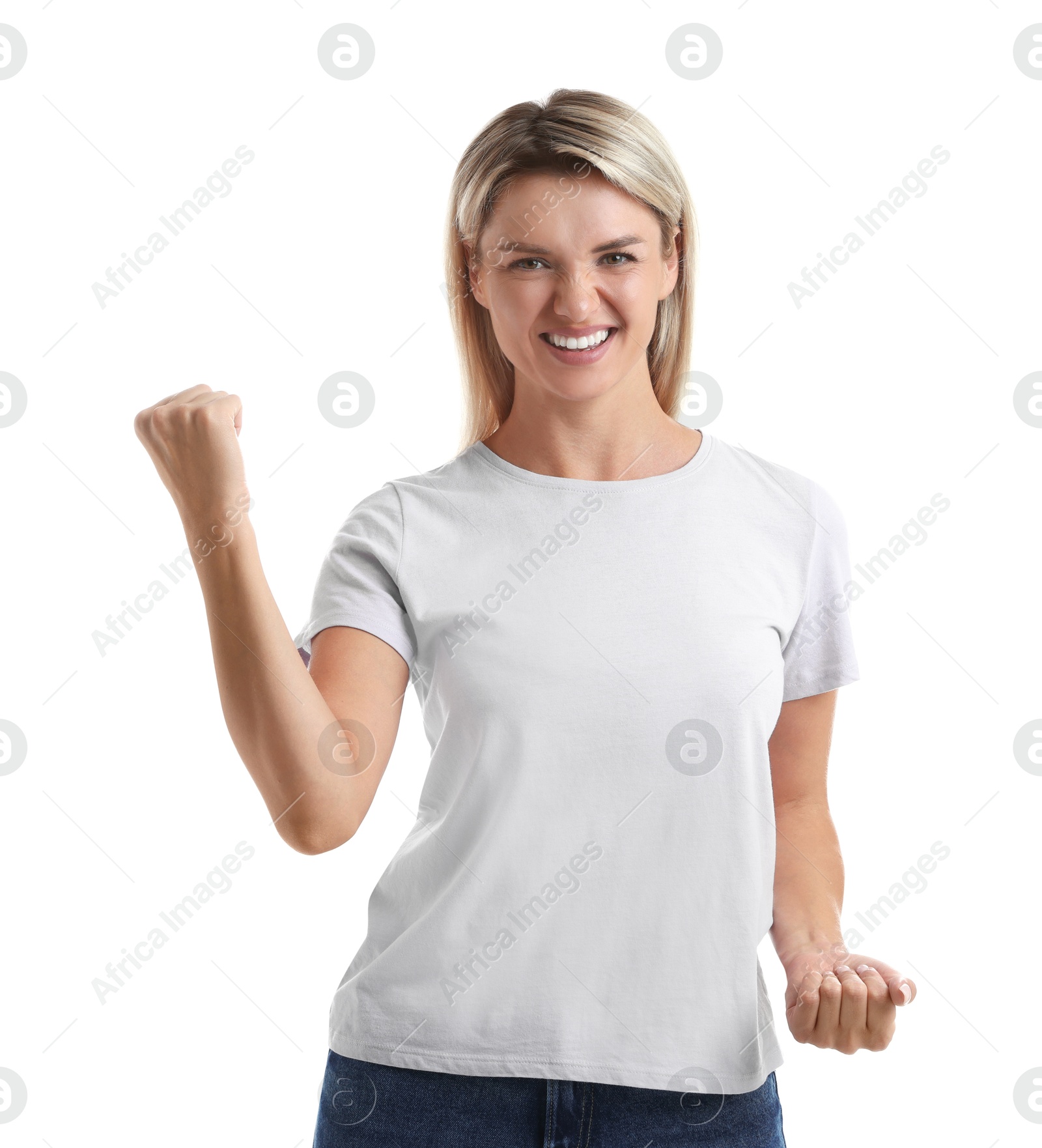 Photo of Portrait of happy winner on white background