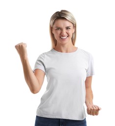 Photo of Portrait of happy winner on white background