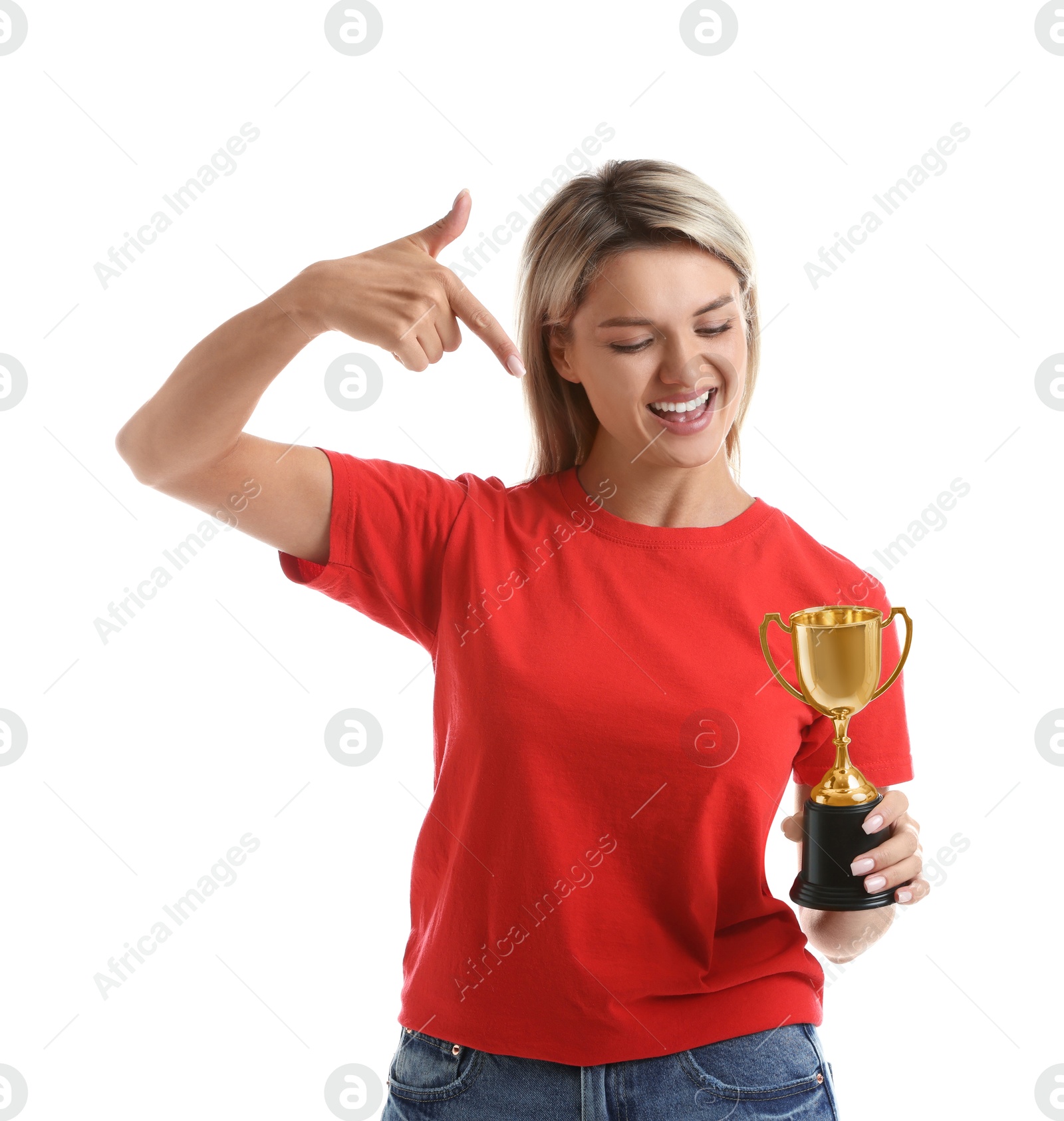 Photo of Happy winner with golden trophy cup on white background