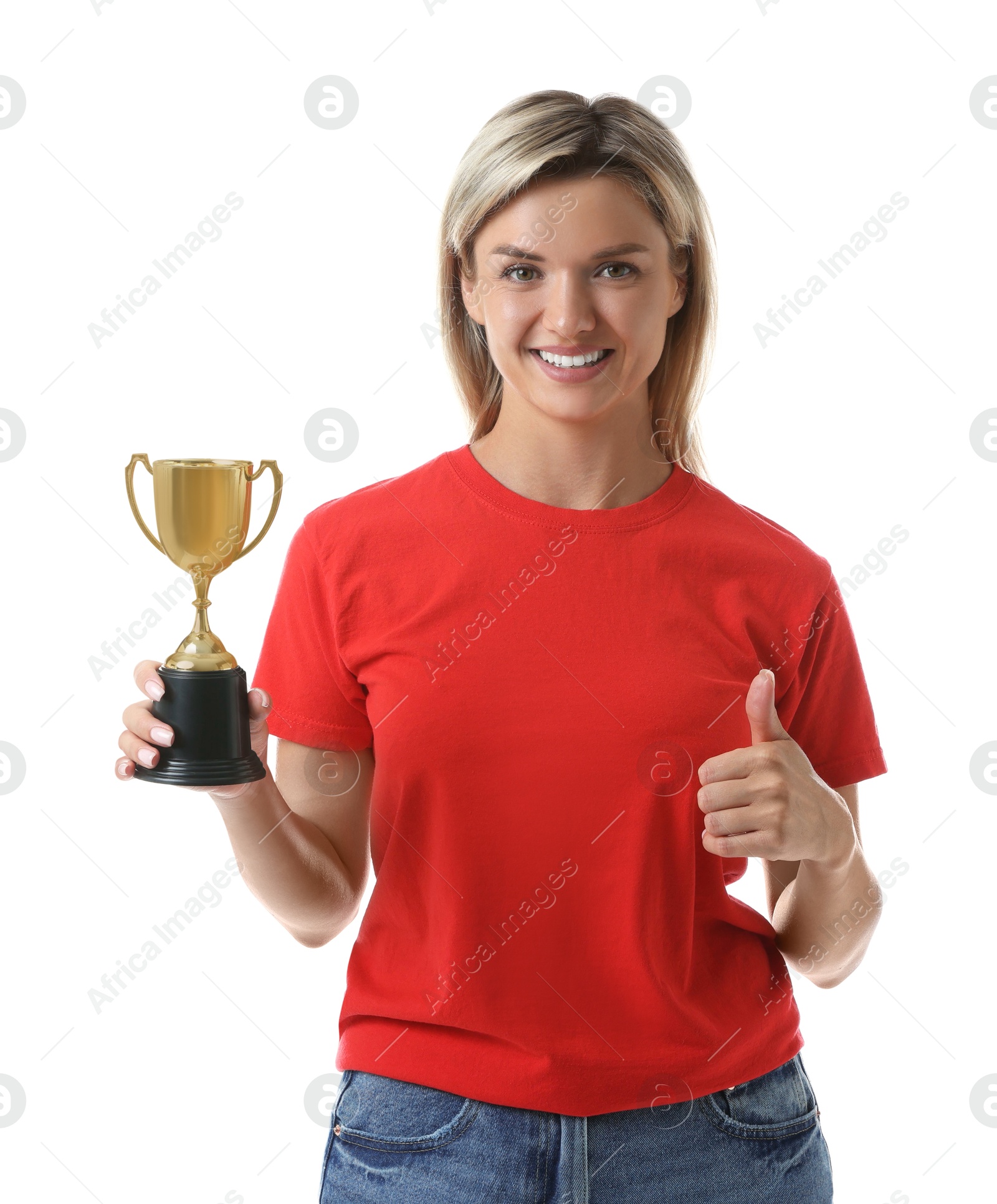 Photo of Happy winner with golden trophy cup showing thumbs up on white background