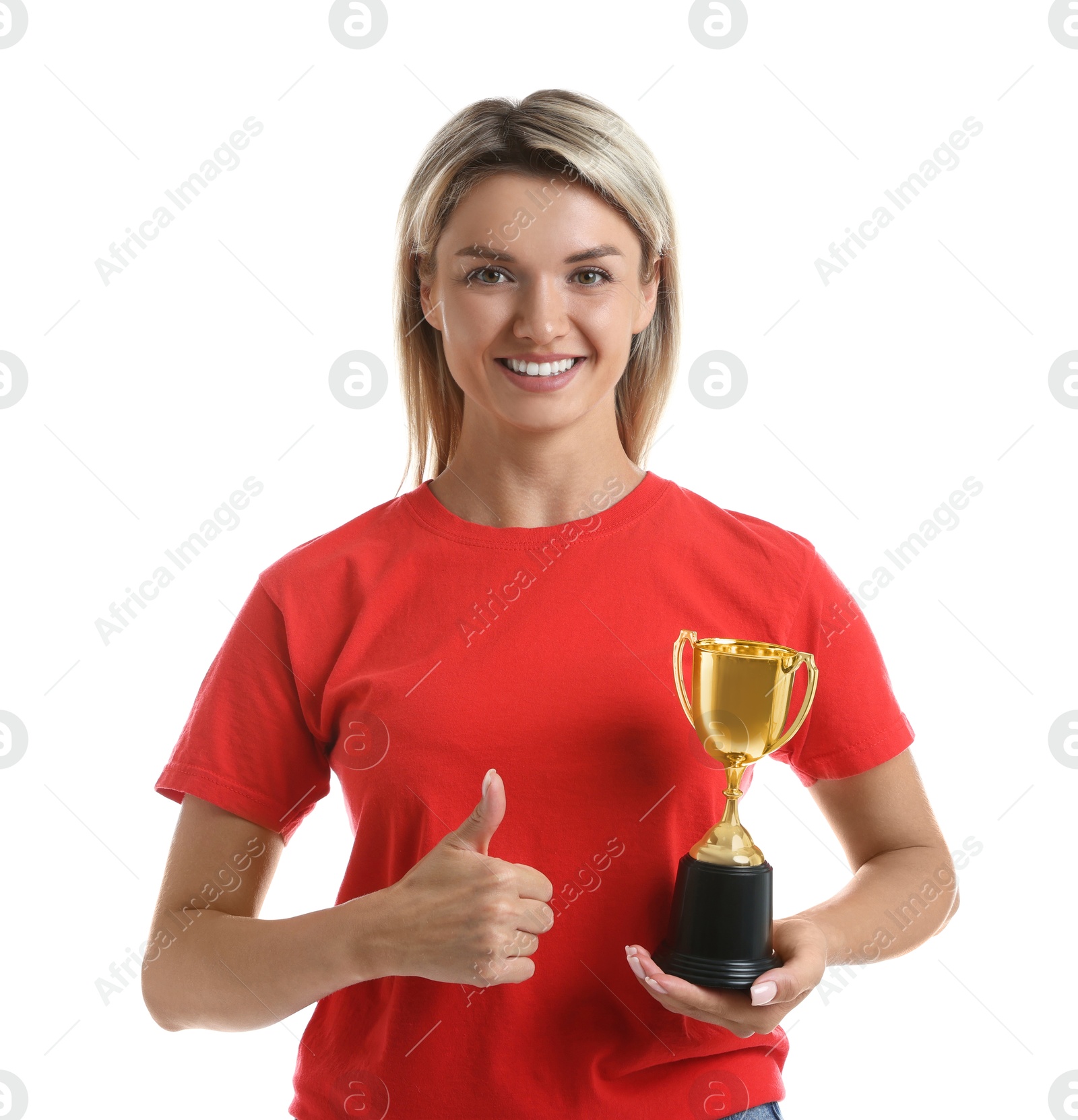 Photo of Happy winner with golden trophy cup showing thumbs up on white background