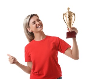 Photo of Happy winner with golden trophy cup showing thumbs up on white background