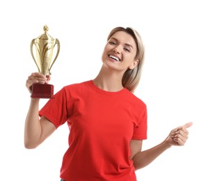 Photo of Happy winner with golden trophy cup showing thumbs up on white background