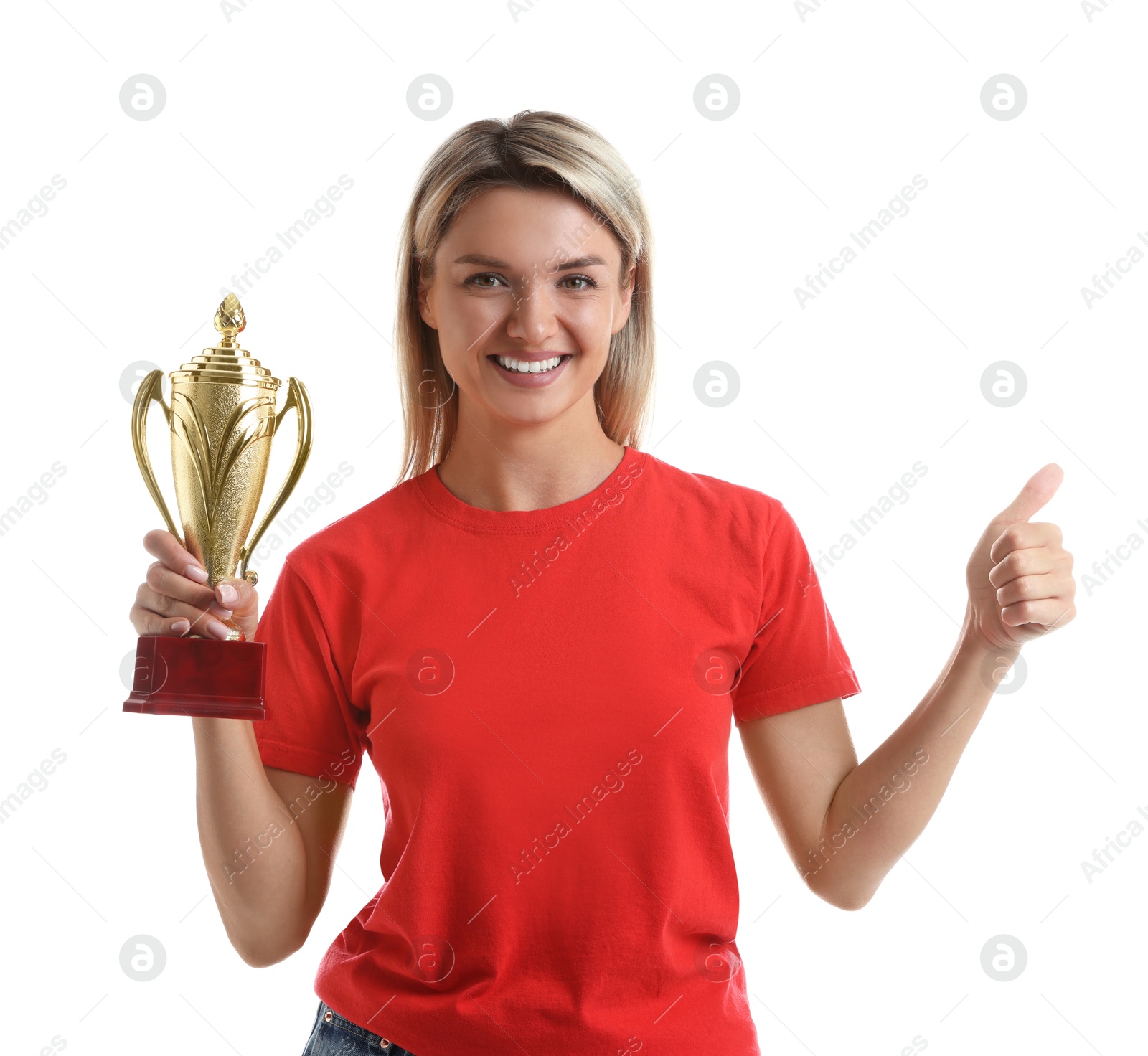 Photo of Happy winner with golden trophy cup showing thumbs up on white background