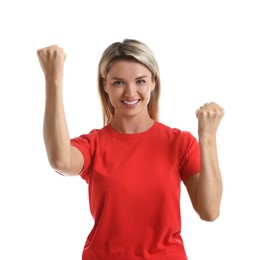 Photo of Portrait of happy winner on white background