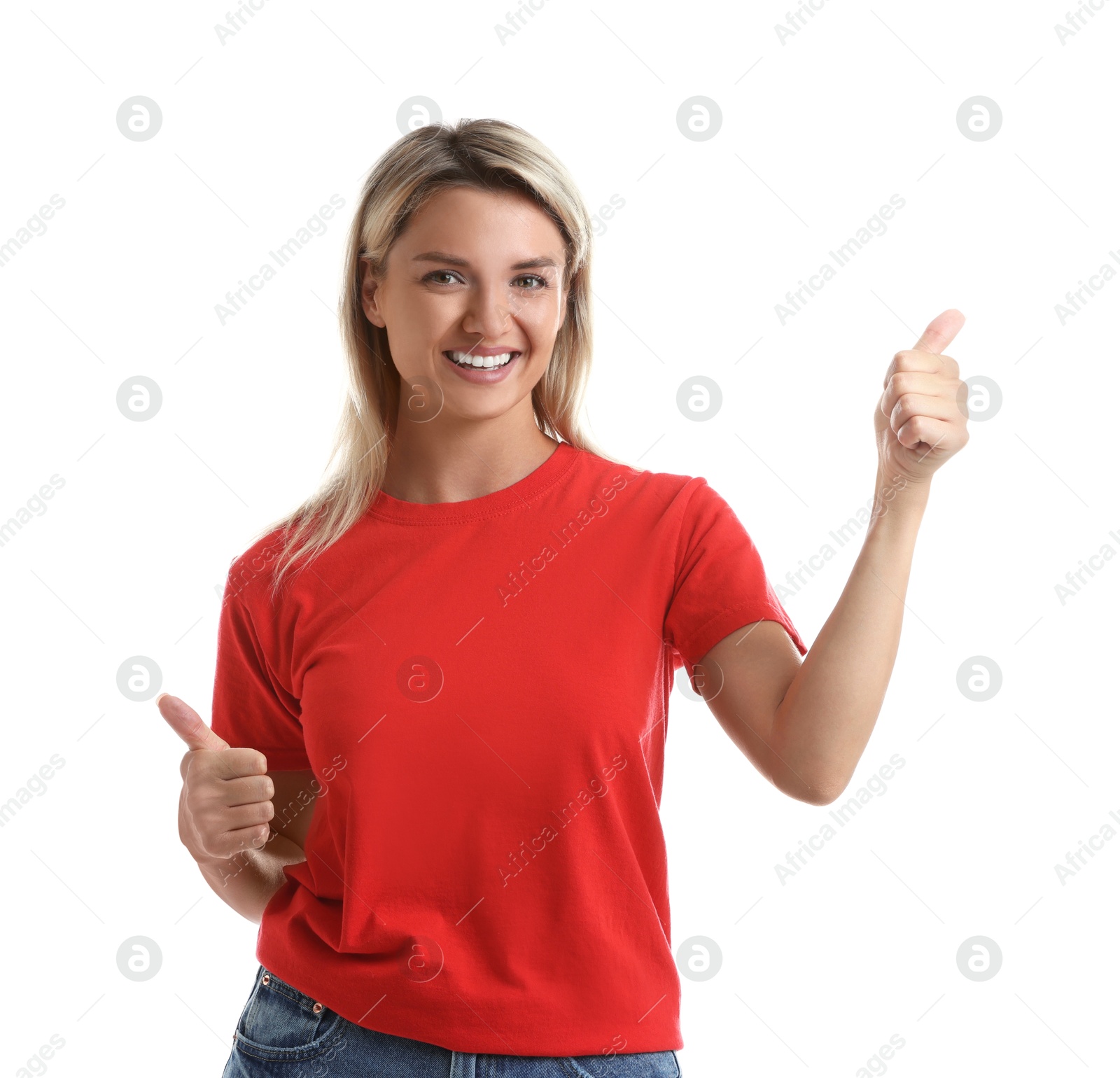 Photo of Happy winner showing thumbs up on white background