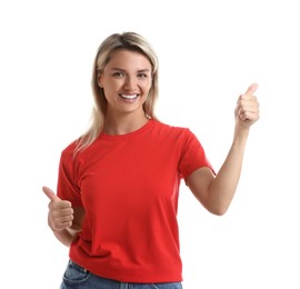 Photo of Happy winner showing thumbs up on white background