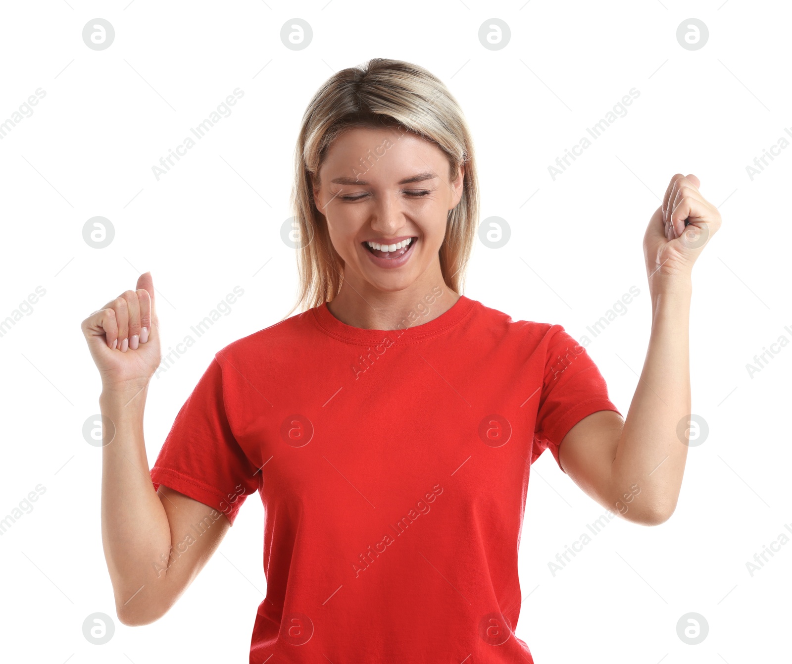 Photo of Portrait of happy winner on white background