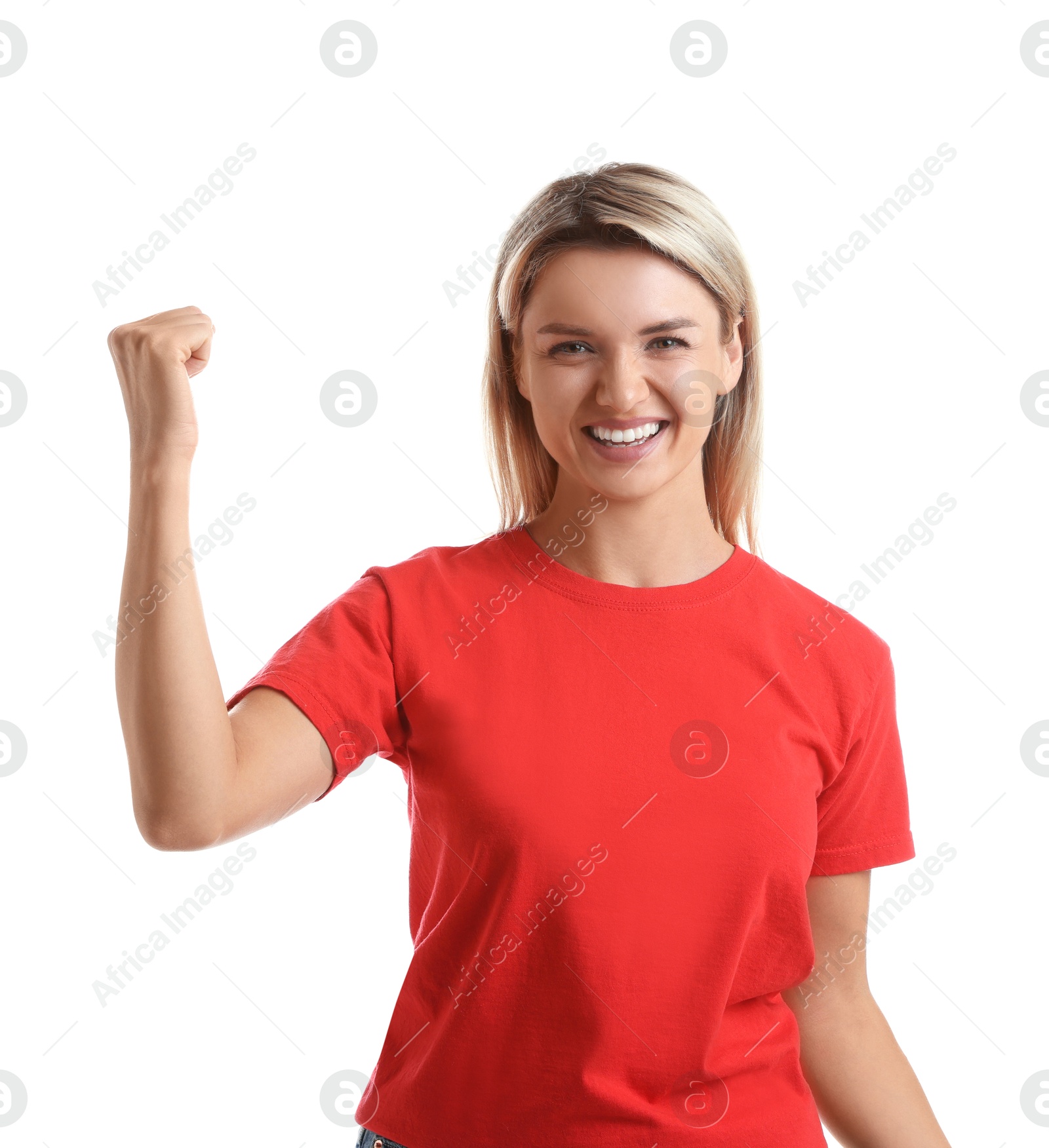 Photo of Portrait of happy winner on white background