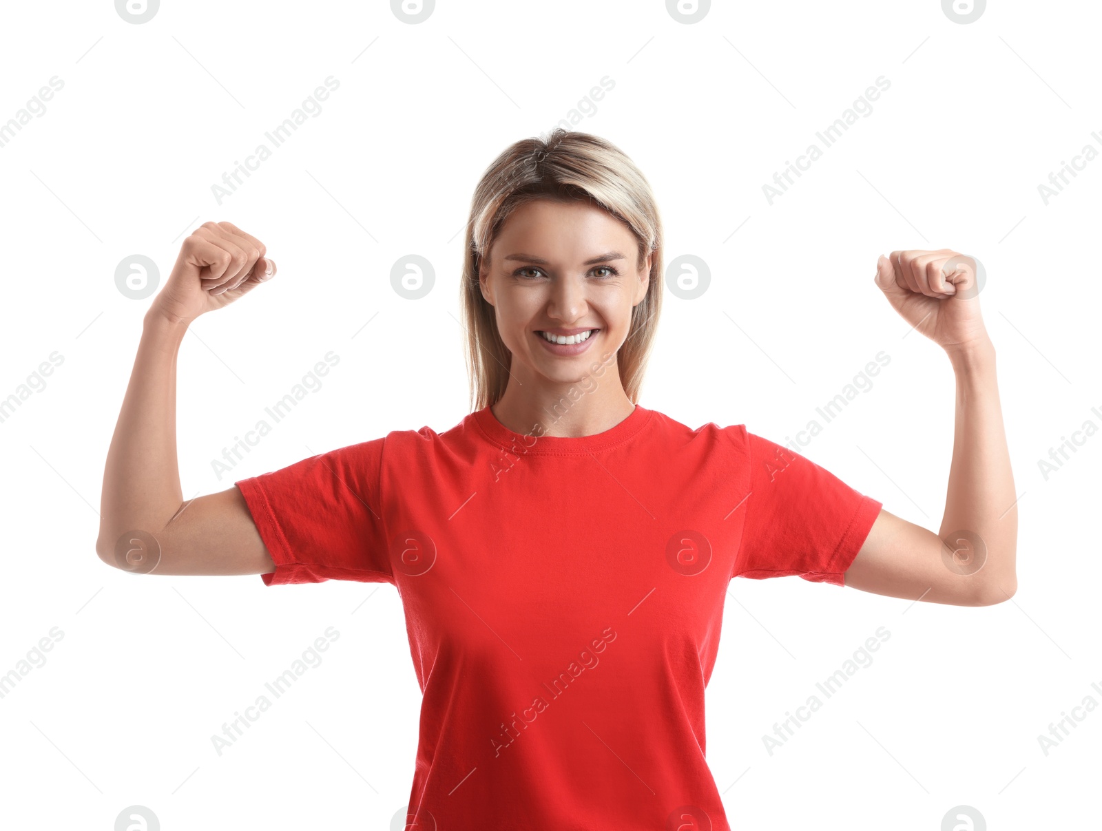 Photo of Portrait of happy winner on white background