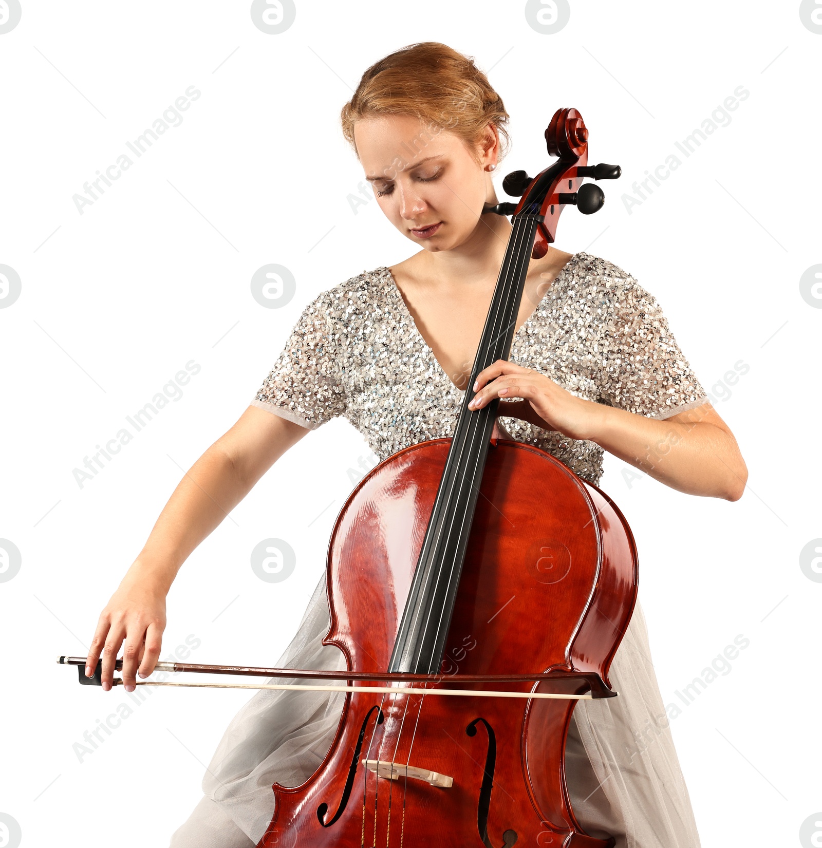 Photo of Beautiful young woman playing cello on white background