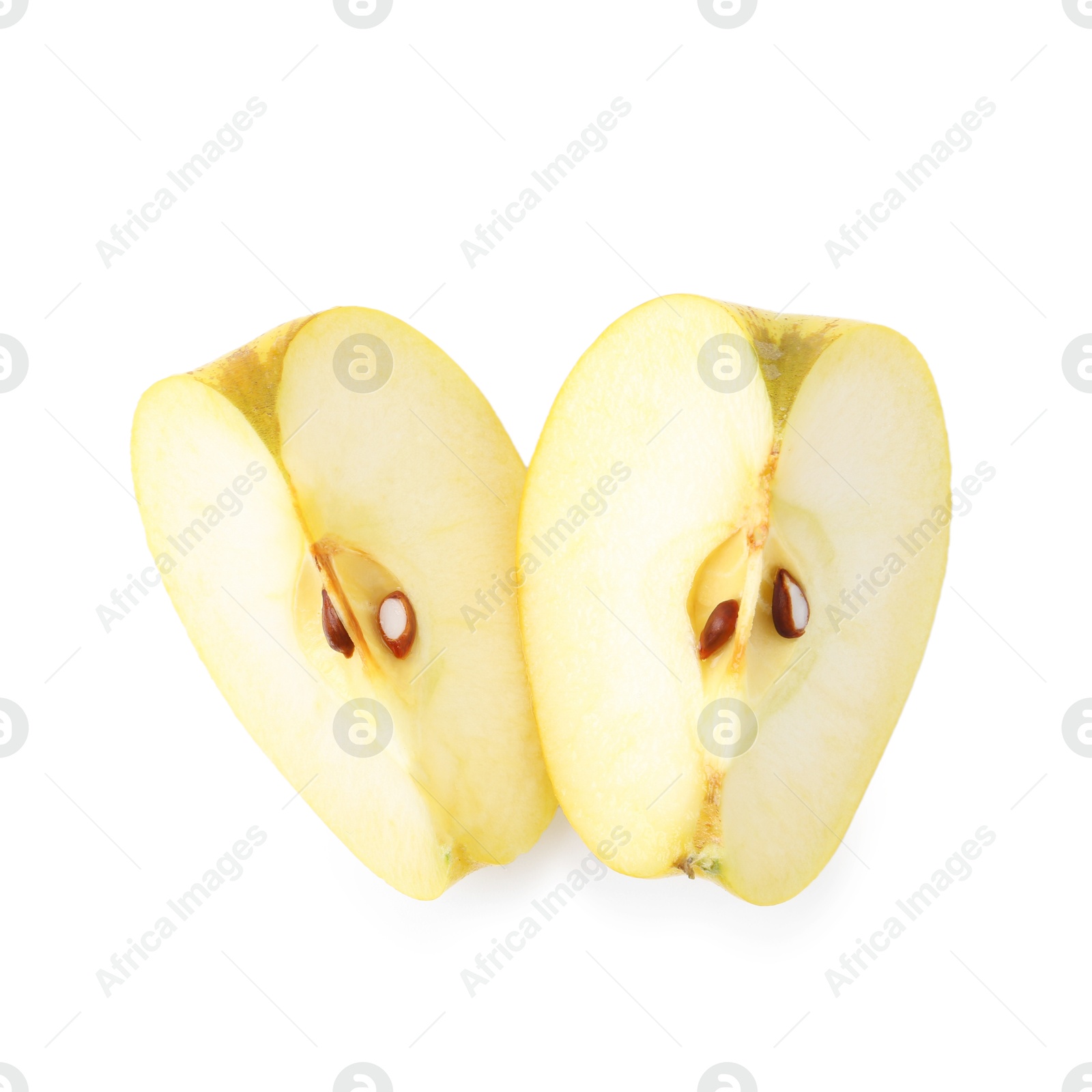 Photo of Pieces of ripe yellow apple isolated on white, top view