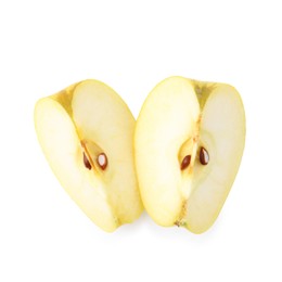 Photo of Pieces of ripe yellow apple isolated on white, top view