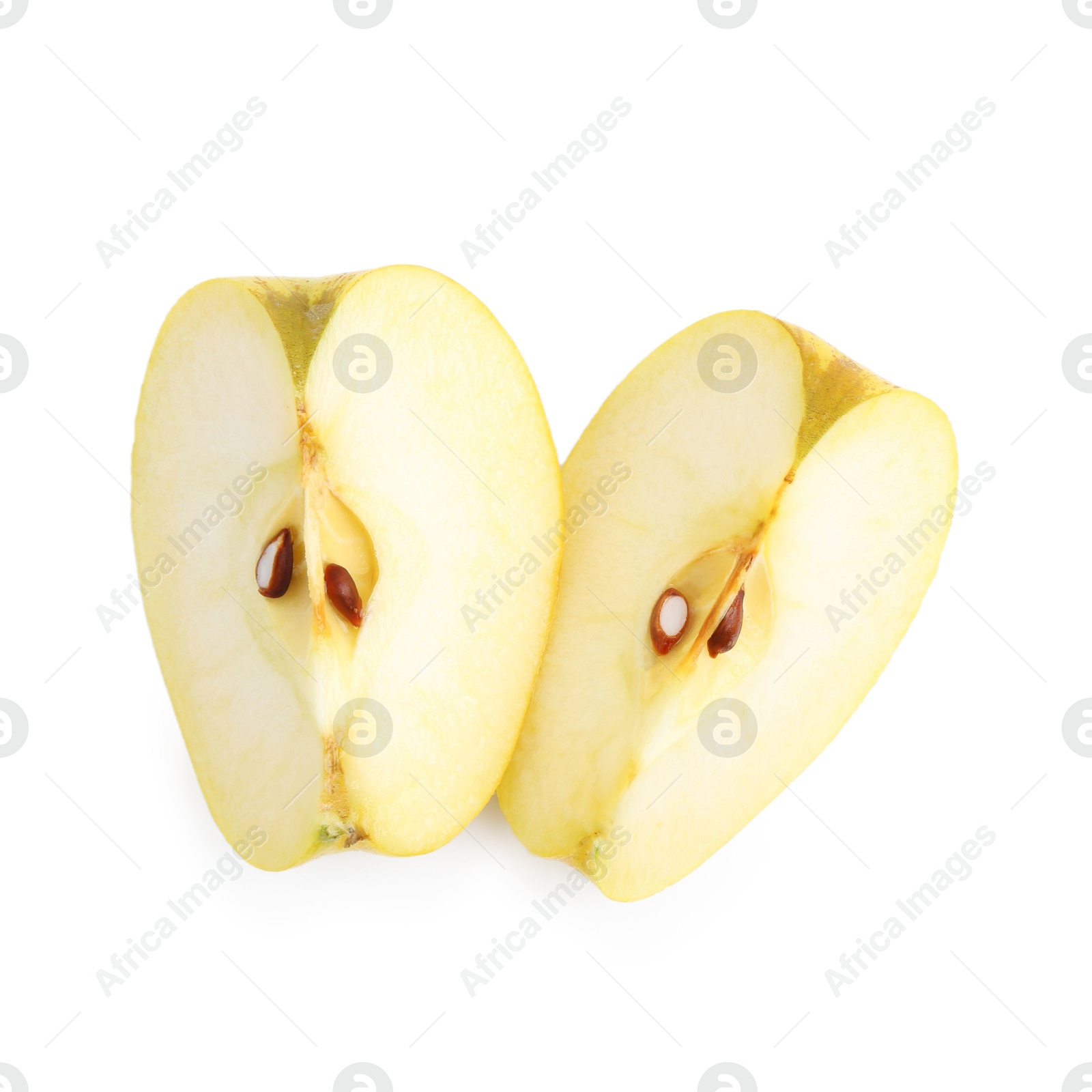 Photo of Pieces of ripe yellow apple isolated on white, top view