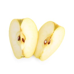 Photo of Pieces of ripe yellow apple isolated on white, top view