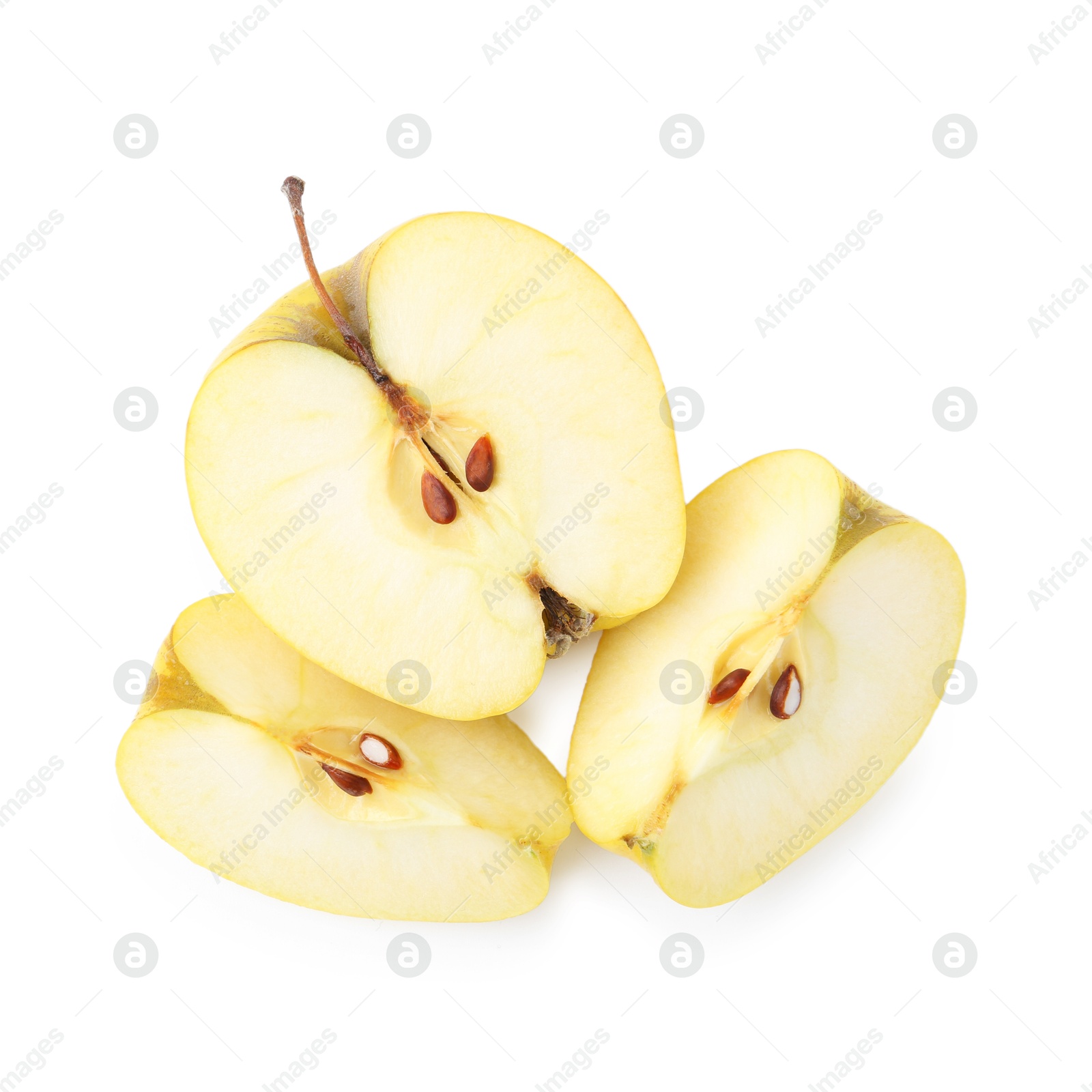 Photo of Pieces of ripe yellow apple isolated on white, top view