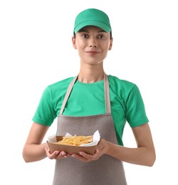 Photo of Fast-food worker holding paper container with fries on white background