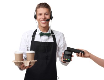 Photo of Fast-food worker taking payment from client via terminal on white background, closeup